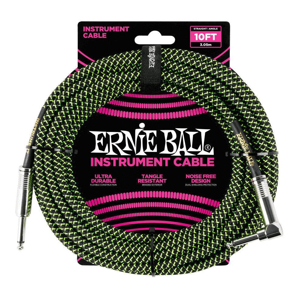 Ernie Ball Braided Instrument Cable - Straight/Angle - 10ft - Black/Green - Bananas at Large®