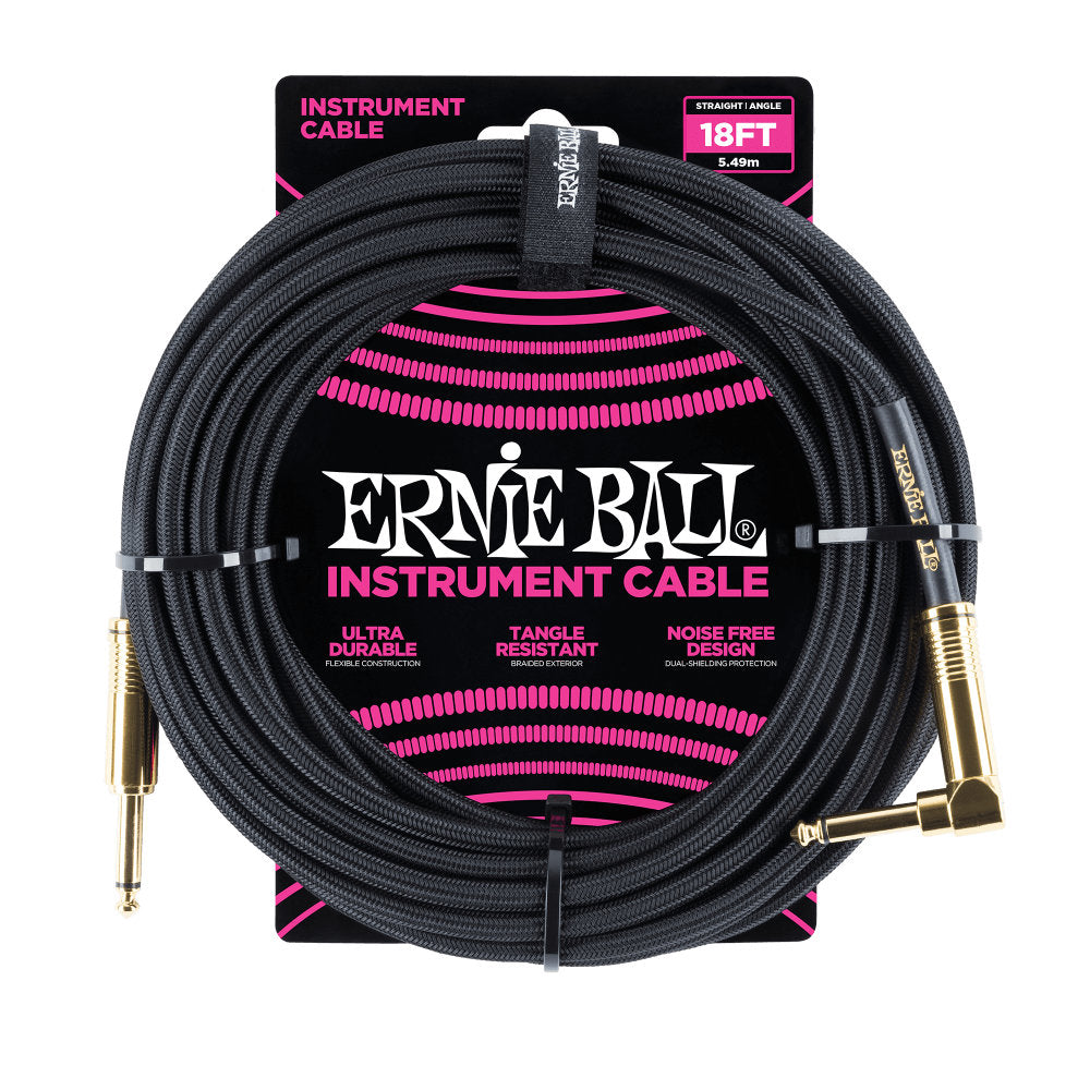 Ernie Ball P06086 Braided Instrument Cable - Straight/Angle - 18ft - Black w/ Gold Connectors