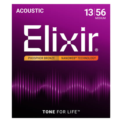 Elixir 16102 Acoustic Guitar Strings Phosphor Bronze w/ Nanoweb Coating Strings - Medium 13-56