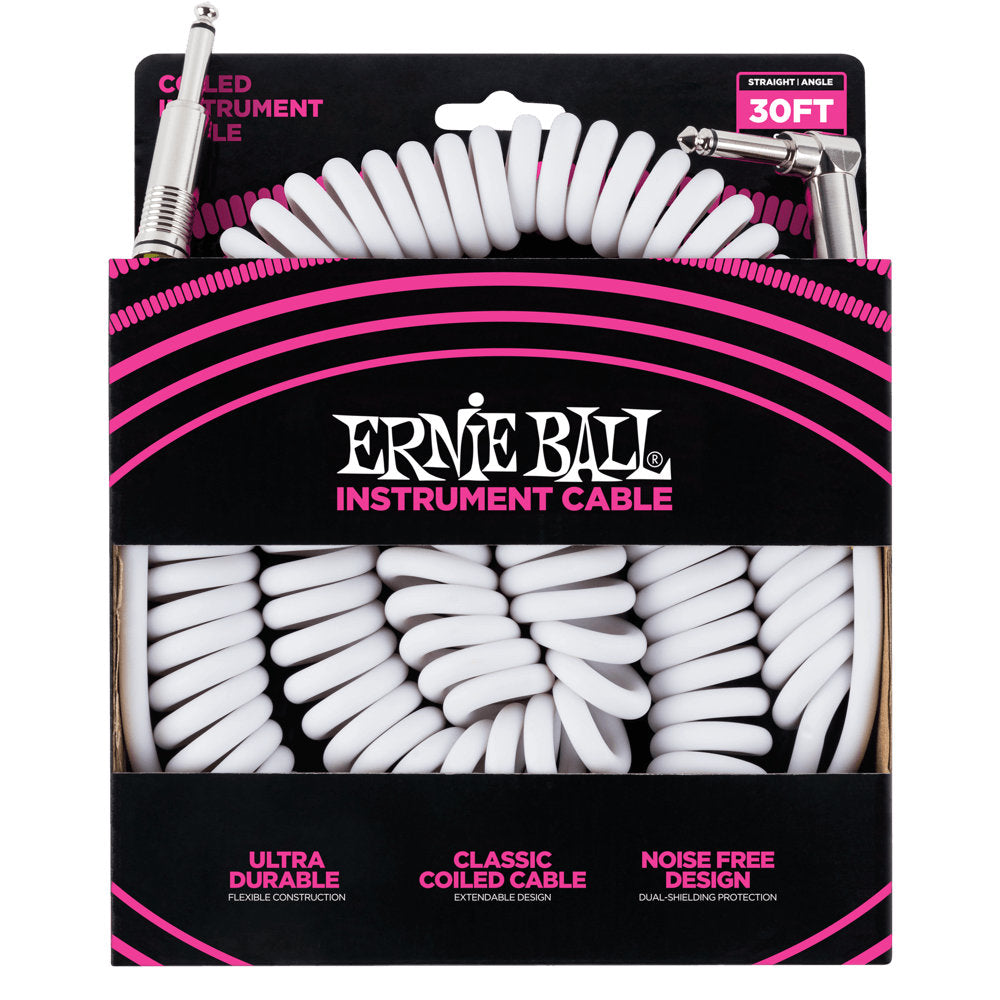 Ernie Ball Coiled Instrument Cable - Straight/Angle - 30 ft. - White - Bananas at Large®