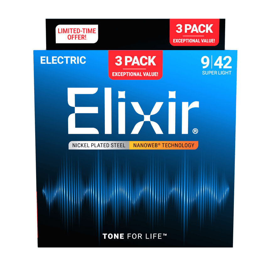 Elixir Electric Guitar Strings Nickel Plated Steel w/ NANOWEB Coating - Super Light 009-042 - 3 Pack