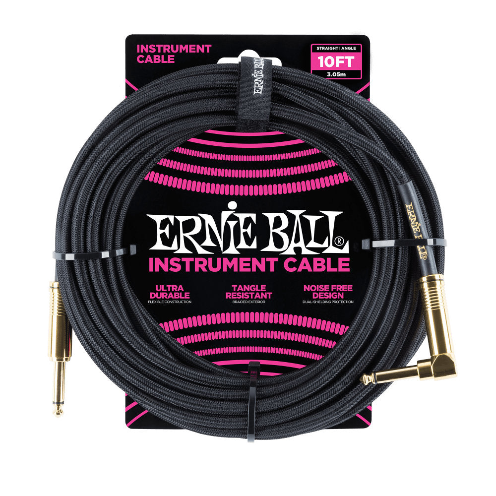 Ernie Ball Braided Instrument Cable - Straight/Angle - 10ft - Black w/Gold Connectors - Bananas at Large®