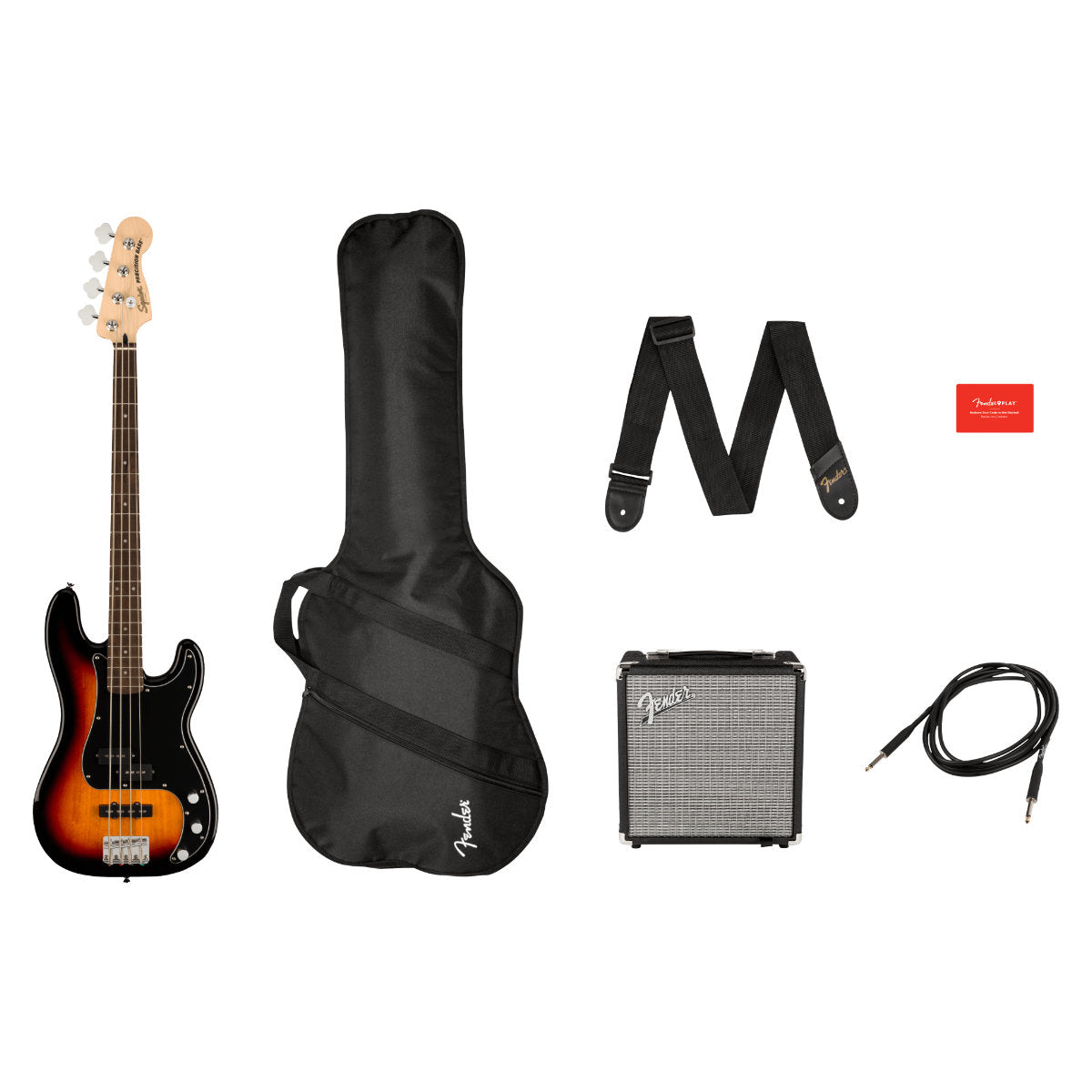 Fender Squier Affinity Precision Bass PJ Pack w/Gig Bag, Rumble 15 Amp - 3-Color Sunburst