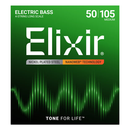 Elixir 14102 4-String Electric Bass Strings Nickel Plated Steel w/ Nanoweb Coating - 4-String - Medium 50-105