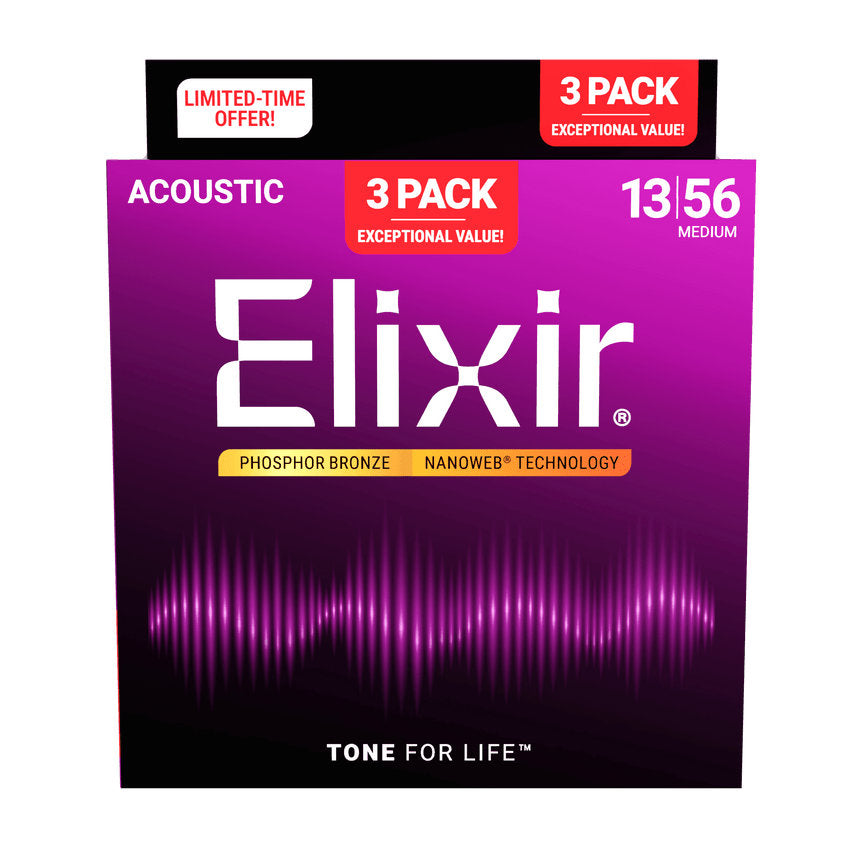 Elixir Phosphor Bronze Acoustic Guitar Strings w/ NANOWEB Technology - Medium 013-056 - 3 Pack