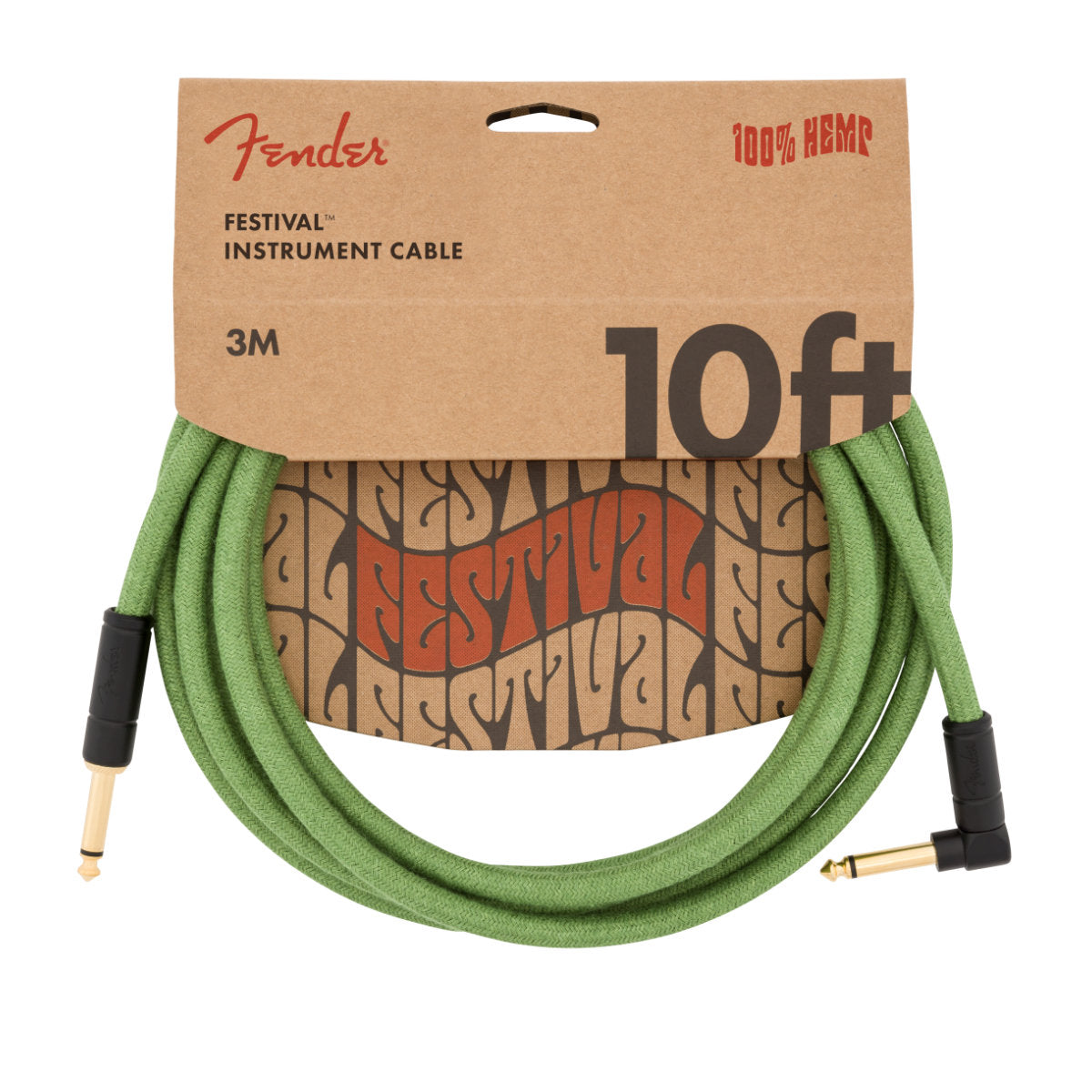 Fender Festival Hemp Instrument Cable - 10 ft. - Straight/Angle - Pure Hemp - Green