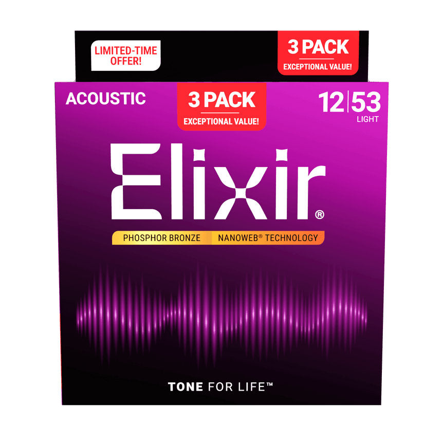Elixir Phosphor Bronze Acoustic Guitar Strings w/ NANOWEB Technology - Light 012-053 - 3 Pack
