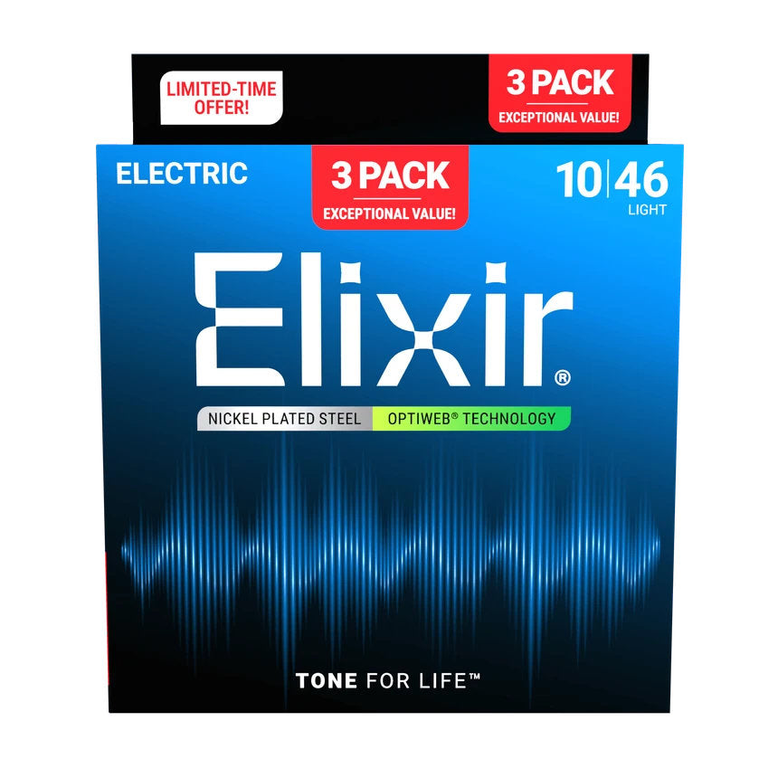 Elixir 16552X Nickel Plated Steel Electric Guitar Strings w/ OPTIWEB Technology - Light 10-46 - 3-Pack
