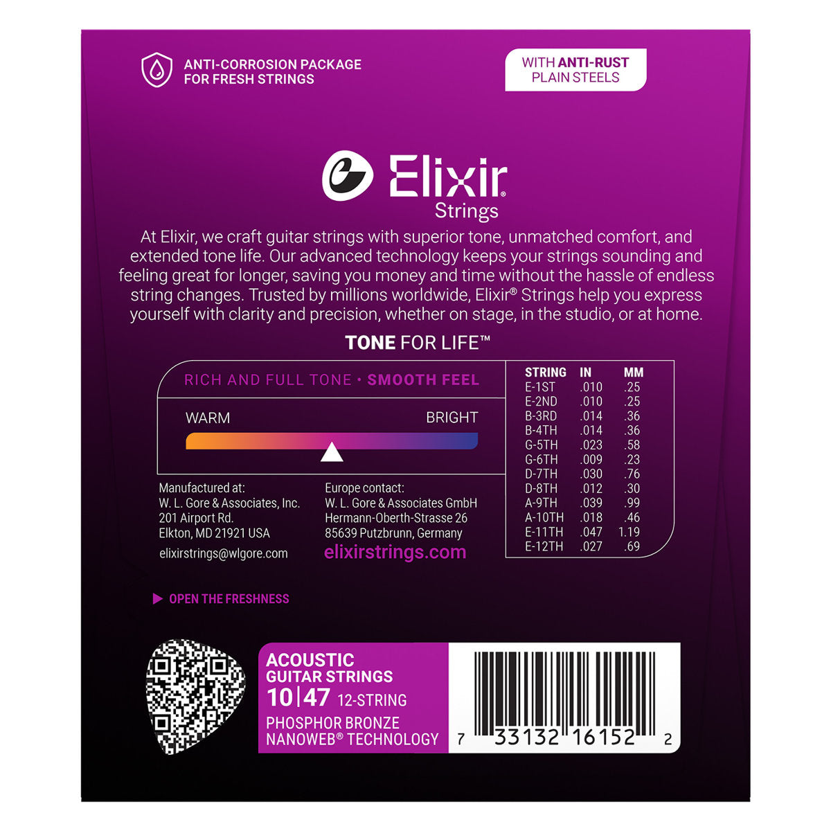 Elixir 16152 Acoustic Guitar Strings Phosphor Bronze w/ Nanoweb Coating - 12-String Light 10-47 - Bananas at Large®