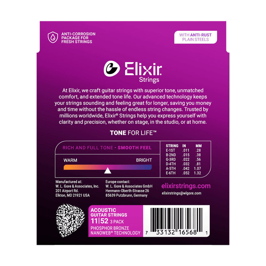 Elixir Phosphor Bronze Acoustic Guitar Strings w/ NANOWEB Technology - Custom Light 011-052 - 3 Pack