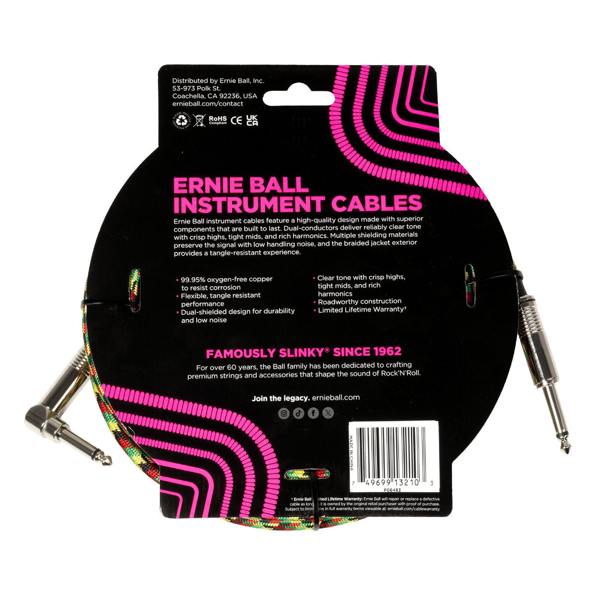 Ernie Ball Braided Instrument Cable - Straight/Angle - 18ft - Good Vibrations
