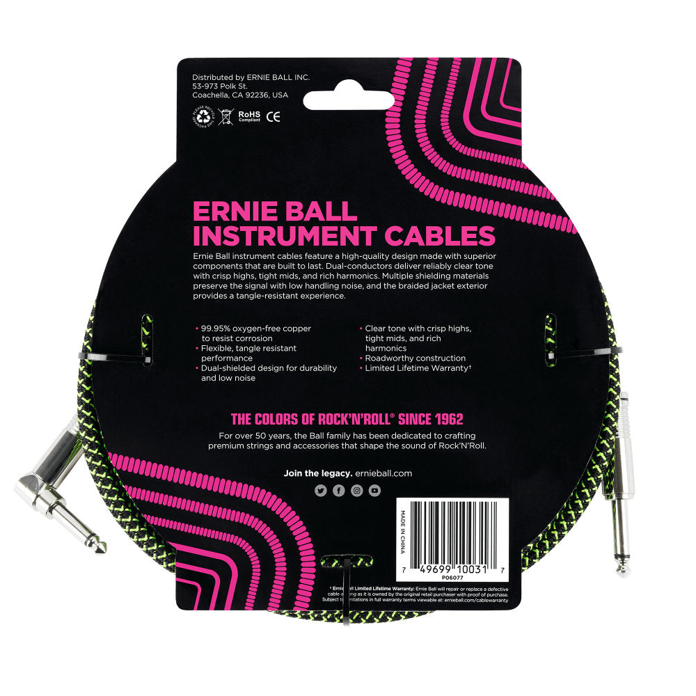 Ernie Ball Braided Instrument Cable - Straight/Angle - 10ft - Black/Green - Bananas at Large®