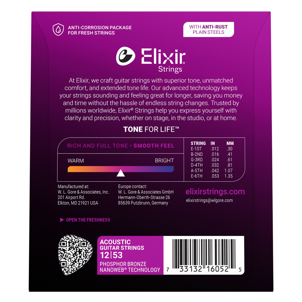Elixir 16052 Acoustic Guitar Strings Phosphor Bronze w/ Nanoweb Coating - Light 12-53 - Bananas at Large®