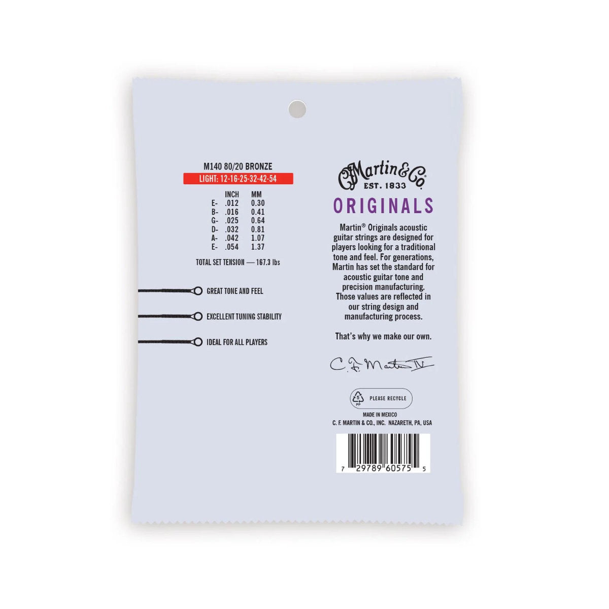 Martin Originals Acoustic Guitar Strings - Light - 80/20