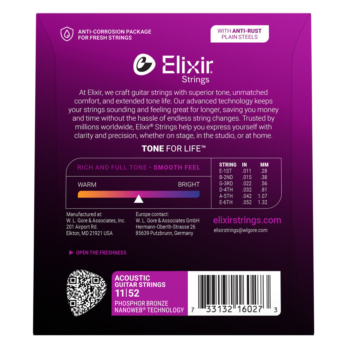 Elixir 16027 Acoustic Guitar Strings Phosphor Bronze w/ Nanoweb Coating - Custom Light 11-52 - Bananas at Large®
