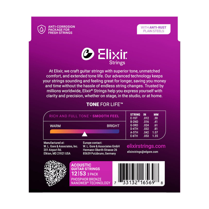 Elixir Phosphor Bronze Acoustic Guitar Strings w/ NANOWEB Technology - Light 012-053 - 3 Pack