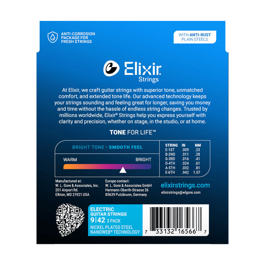 Elixir Electric Guitar Strings Nickel Plated Steel w/ NANOWEB Coating - Super Light 009-042 - 3 Pack
