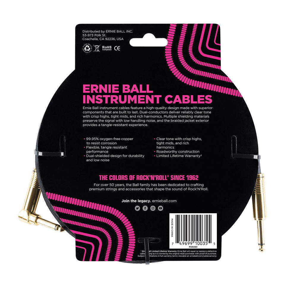 Ernie Ball Braided Instrument Cable - Straight/Angle - 10ft - Black w/Gold Connectors - Bananas at Large®