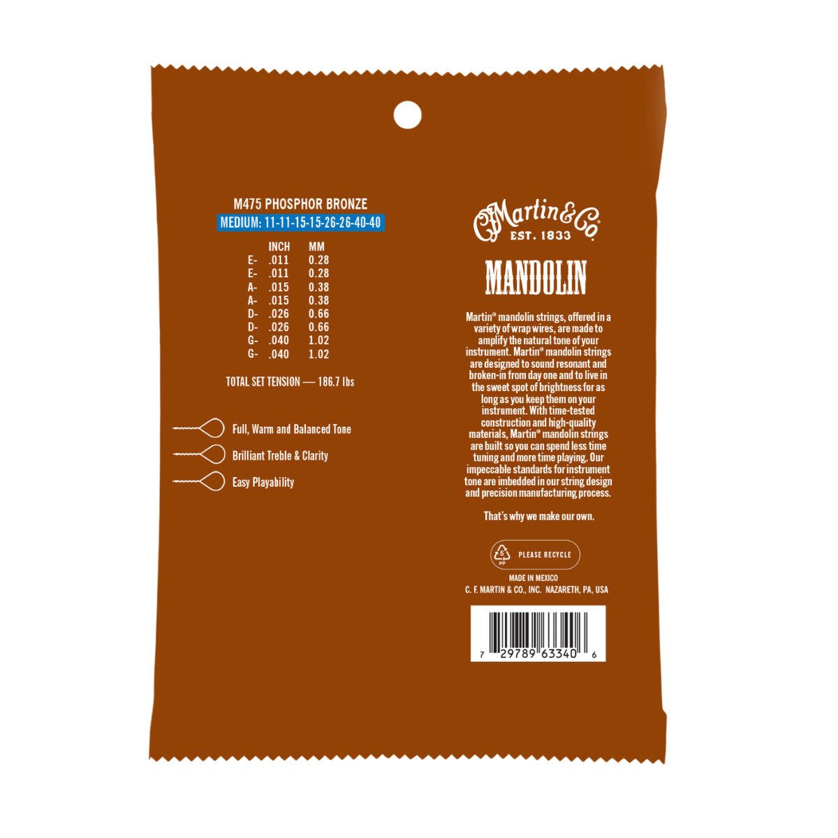 Martin M475 Mandolin Strings - Phosphor Bronze - 8-Strings - Medium