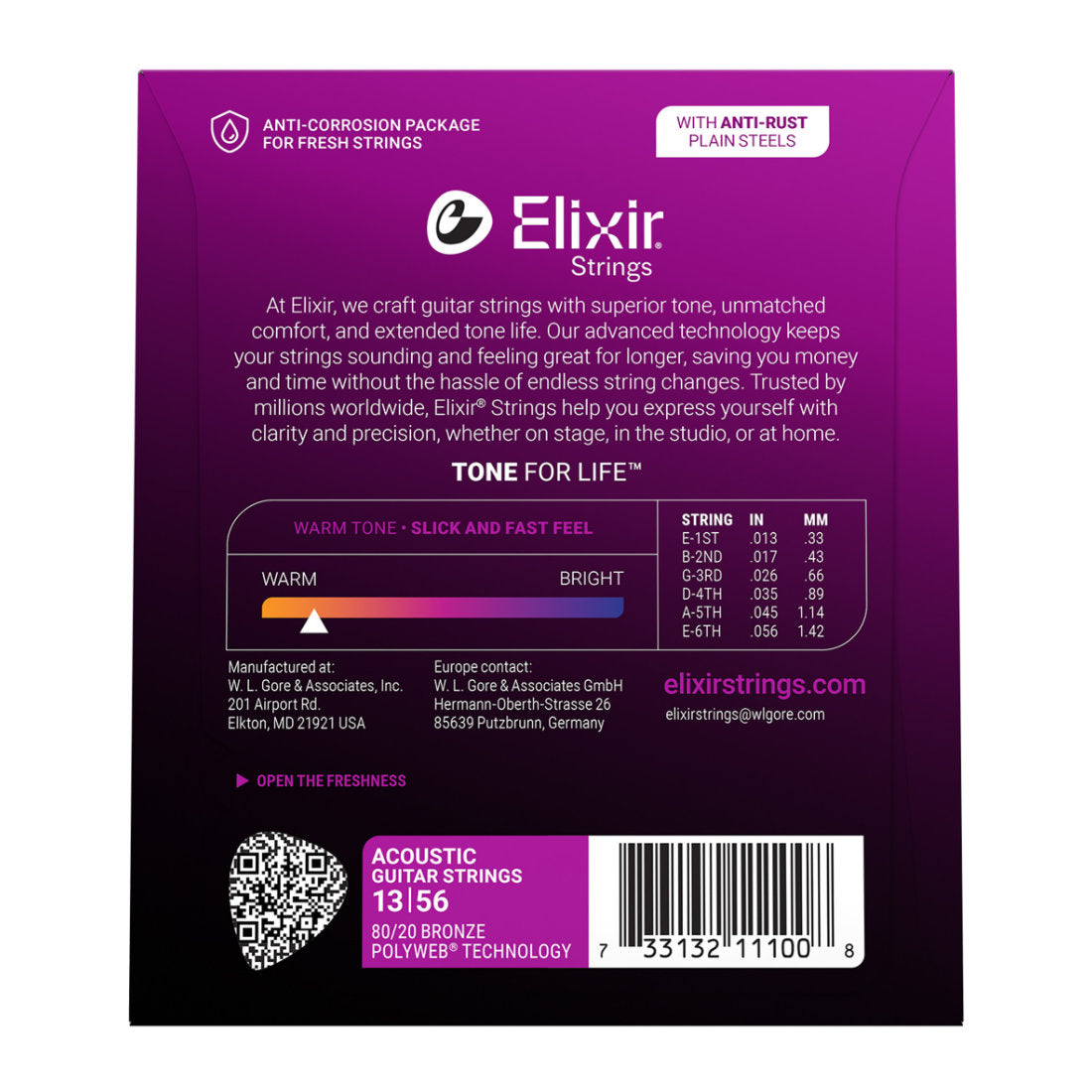 Elixir 11100 Acoustic Guitar Strings 80/20 Bronze w/ Polyweb Coating - Medium 13-56