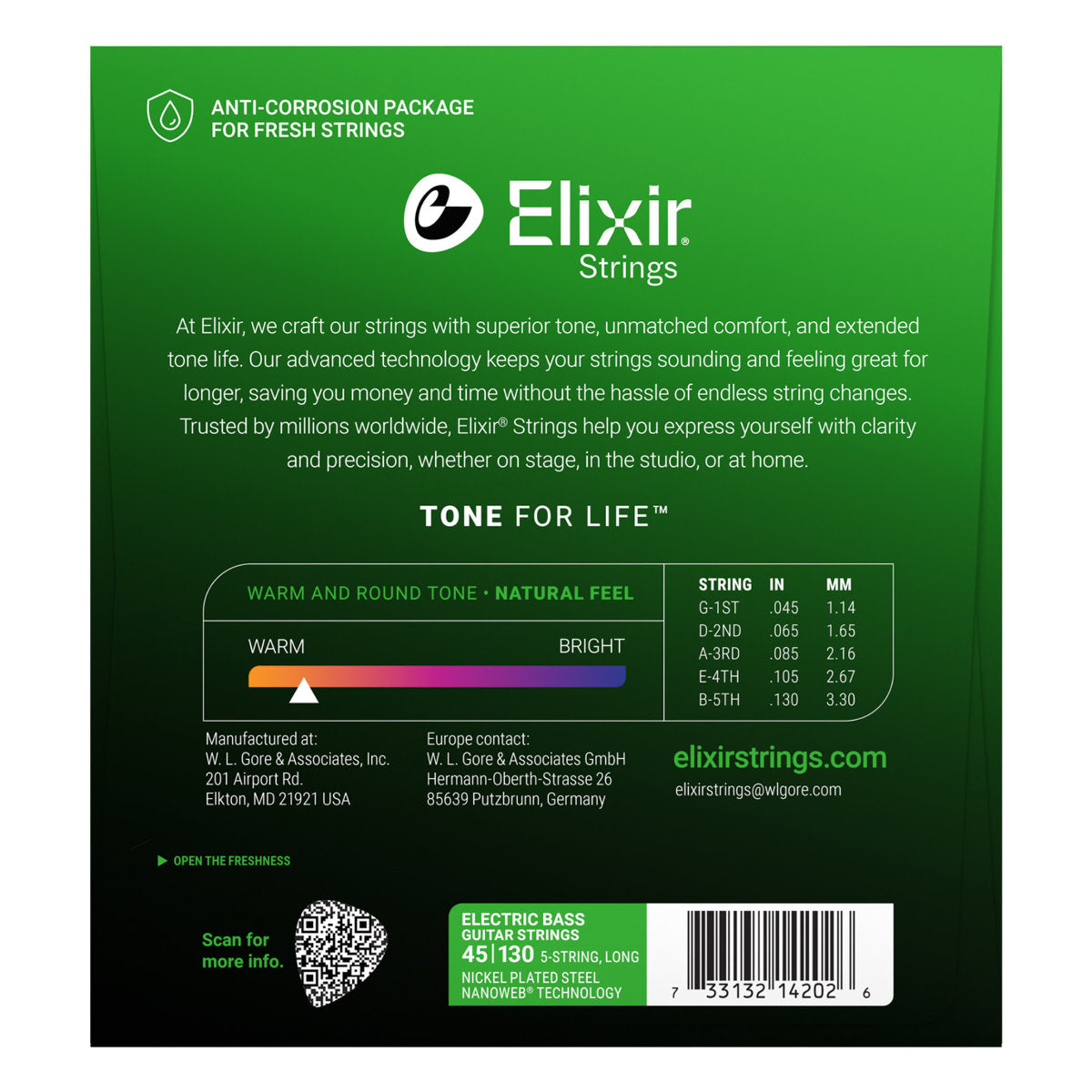 Elixir 14202 Electric Bass Strings Nickel Plated Steel w/ Nanoweb Coating - Long Scale - 5-String Light 45-130