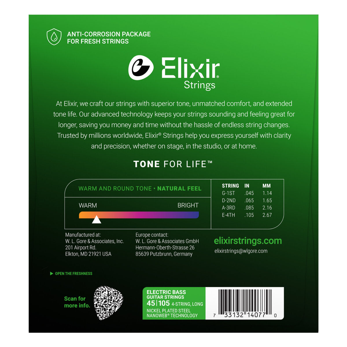 Elixir 14077 4-String Electric Bass Nickel Plated Steel w/ Nanoweb Coating - Long Scale - Light/Medium 45-105