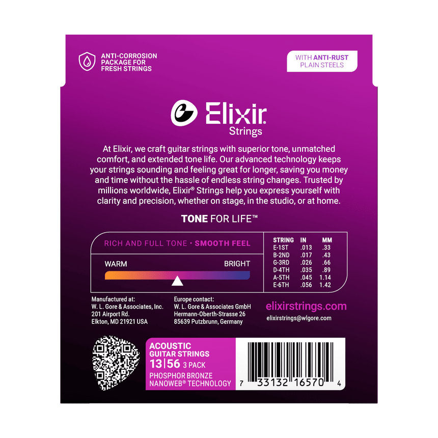 Elixir Phosphor Bronze Acoustic Guitar Strings w/ NANOWEB Technology - Medium 013-056 - 3 Pack