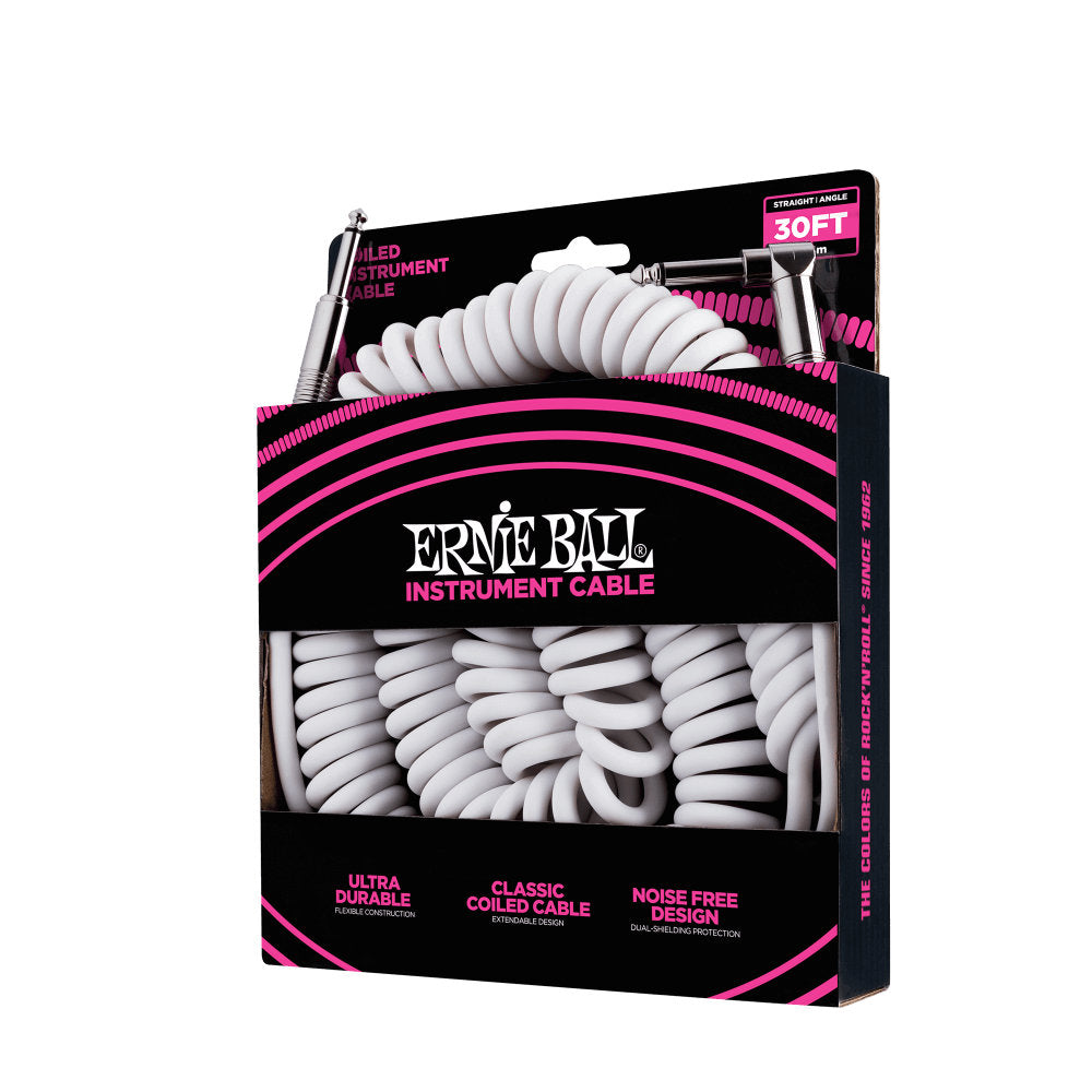 Ernie Ball Coiled Instrument Cable - Straight/Angle - 30 ft. - White - Bananas at Large®