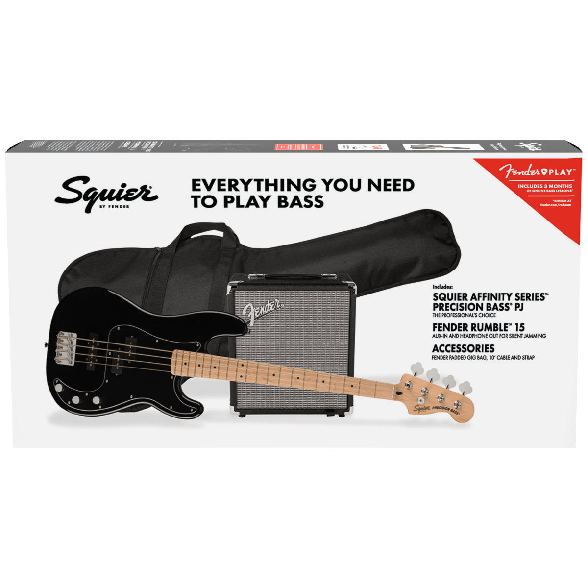 Fender Squier Affinity Series Precision Bass PJ Pack - Black w/Gig Bag, Rumble 15 Amp