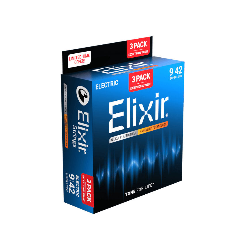 Elixir Electric Guitar Strings Nickel Plated Steel w/ NANOWEB Coating - Super Light 009-042 - 3 Pack