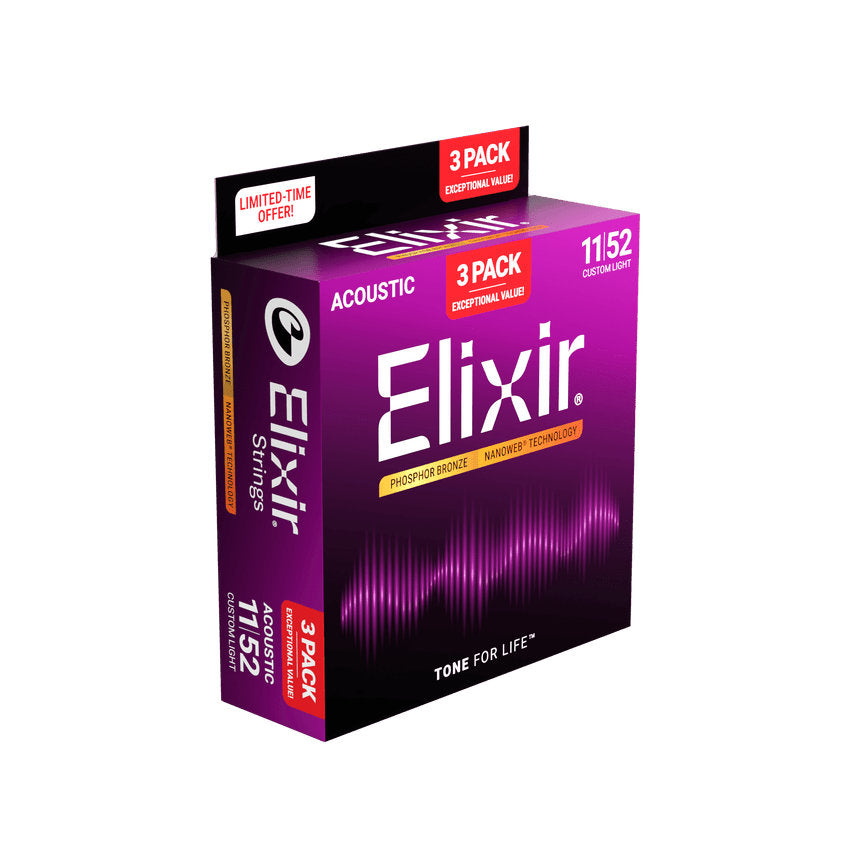 Elixir Phosphor Bronze Acoustic Guitar Strings w/ NANOWEB Technology - Custom Light 011-052 - 3 Pack