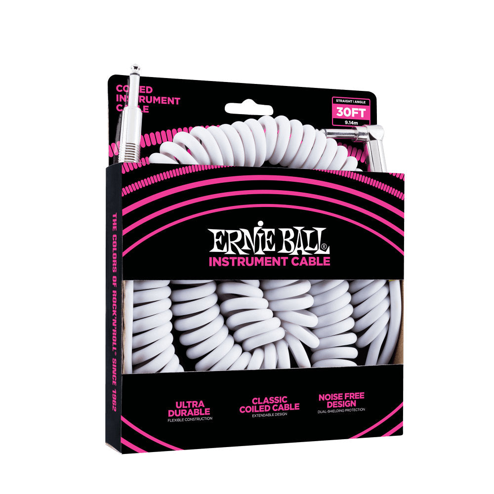 Ernie Ball Coiled Instrument Cable - Straight/Angle - 30 ft. - White - Bananas at Large®