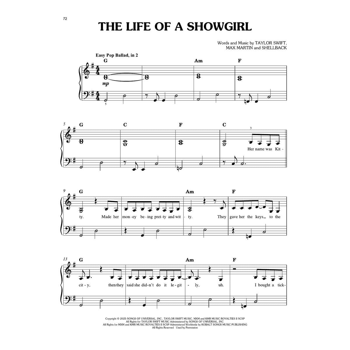 Hal Leonard Taylor Swift - The Life of a Showgirl Easy Piano Songbook Softcover