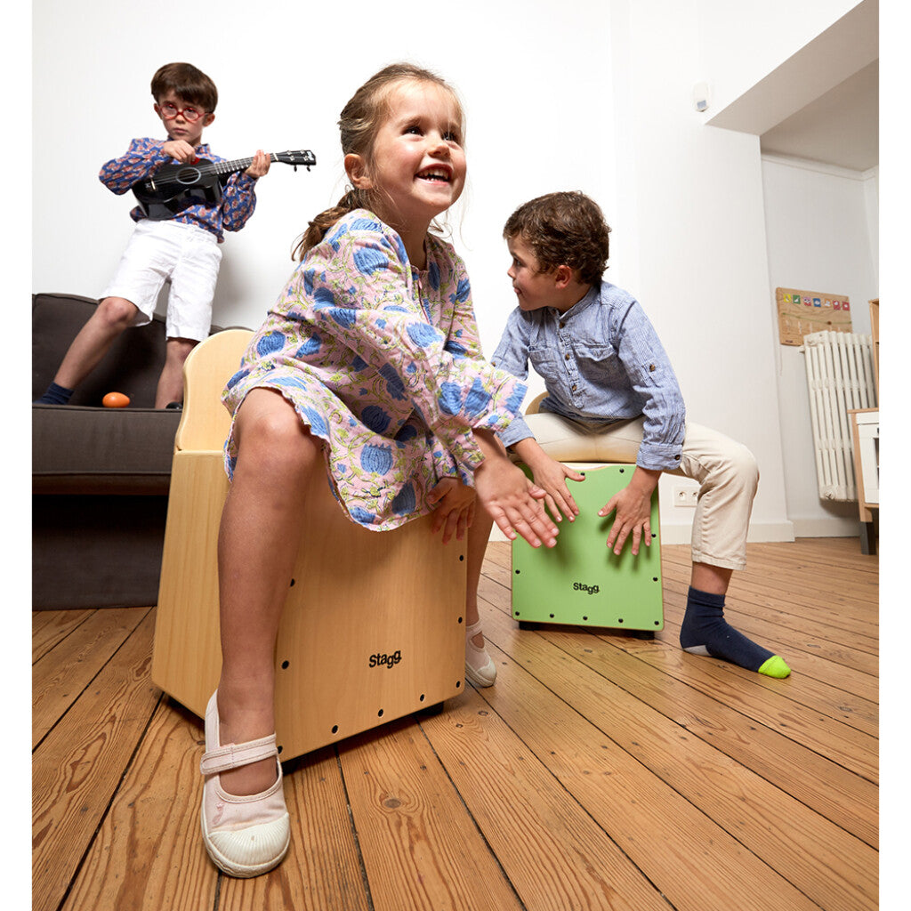 Stagg Basswood Kid's Cajón w/ EasyGo Backrest - Natural-Coloured Front Board - Bananas at Large®