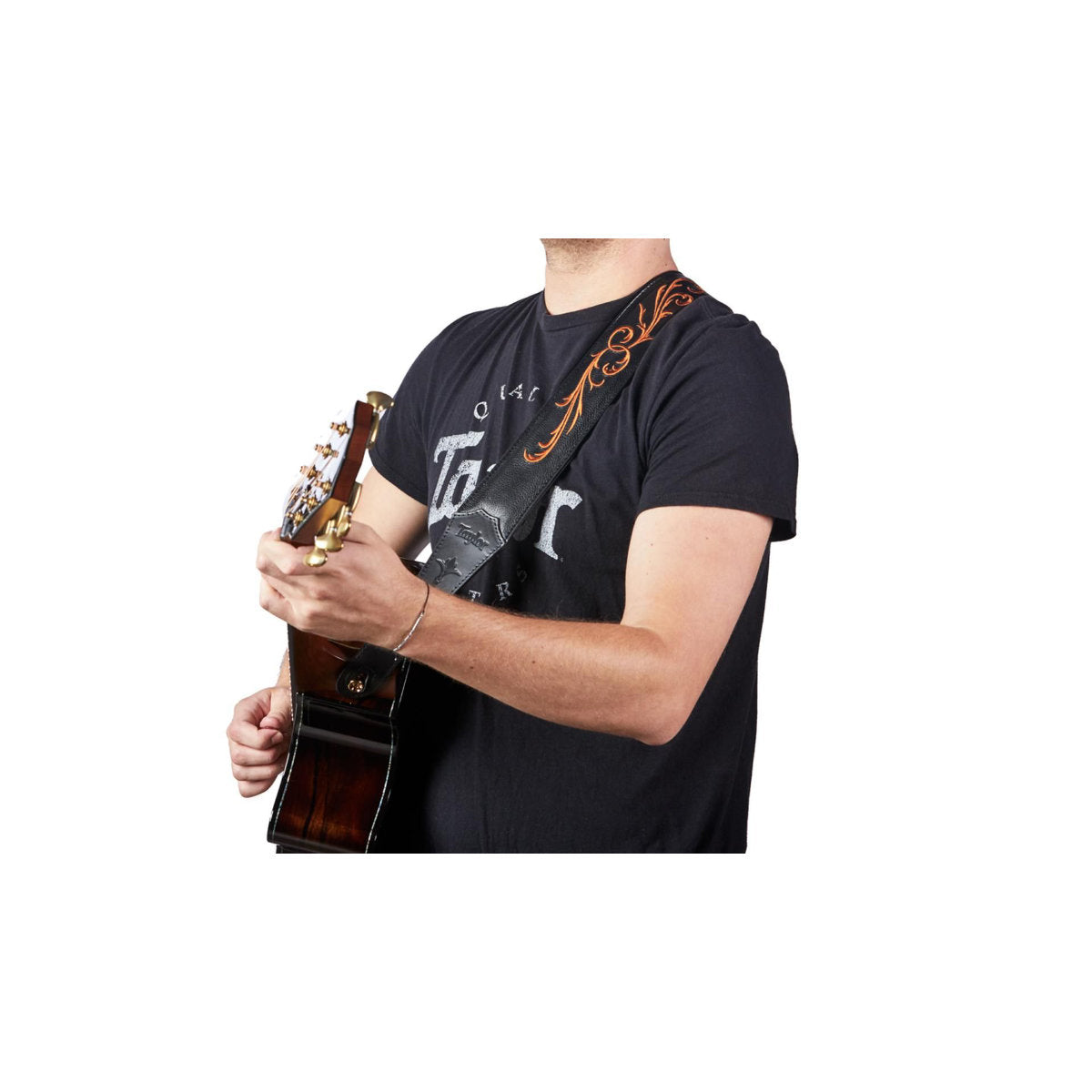 Taylor Nouveau Embroidered Leather Guitar Strap - Black Leather - 3in