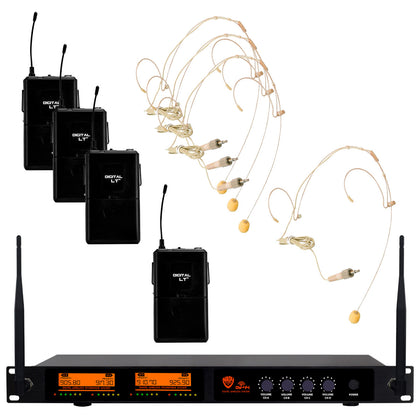 Nady Quad Receiver Fixed Channel Digital Lapel & HM-10 Headmic (Beige) Microphone Wireless System