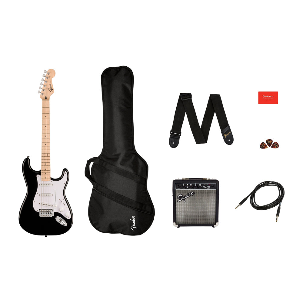 Squier Sonic Stratocaster Electric Guitar Pack with Frontman 10G Amp and Gig Bag - Black with Maple Fingerboard