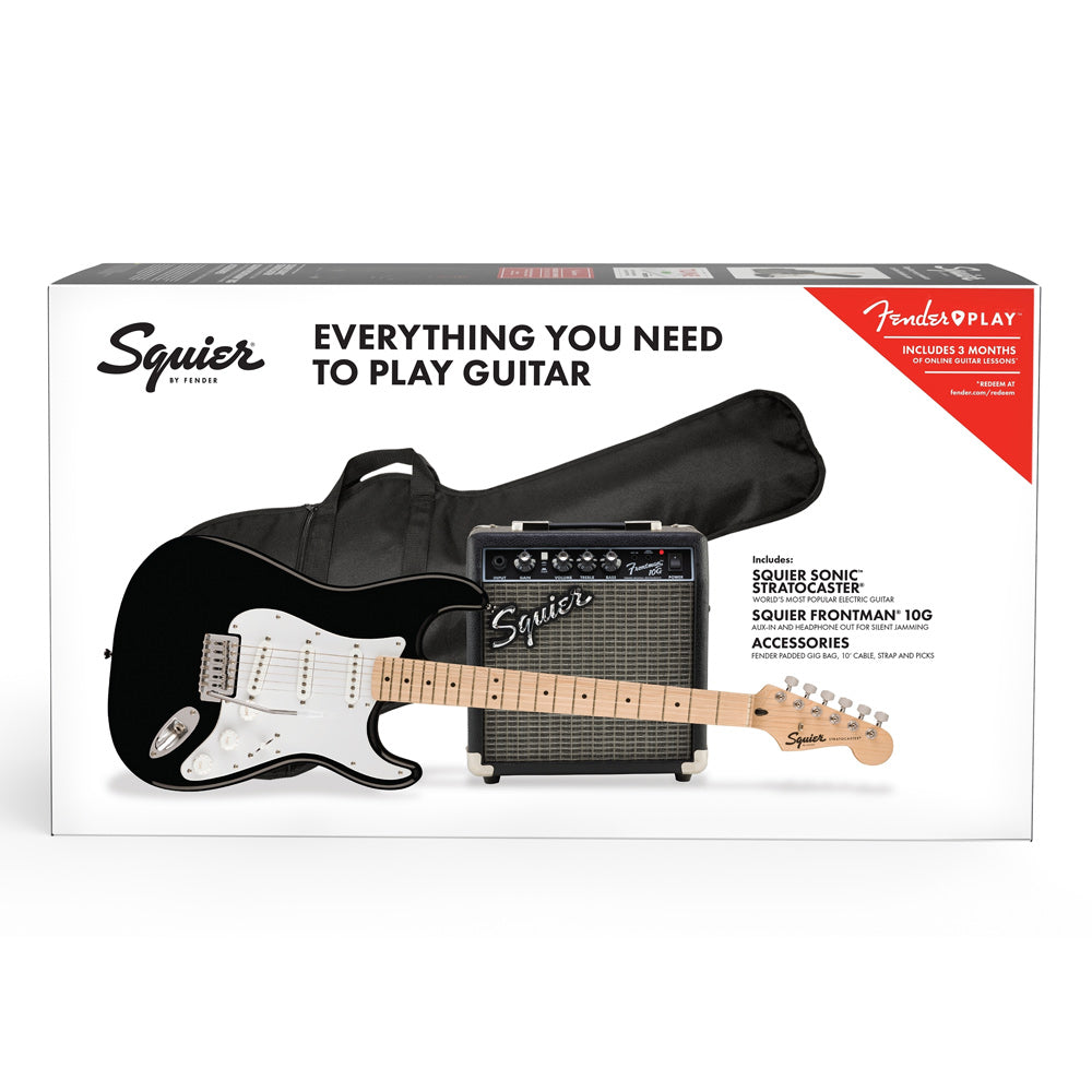 Squier Sonic Stratocaster Electric Guitar Pack with Frontman 10G Amp and Gig Bag - Black with Maple Fingerboard