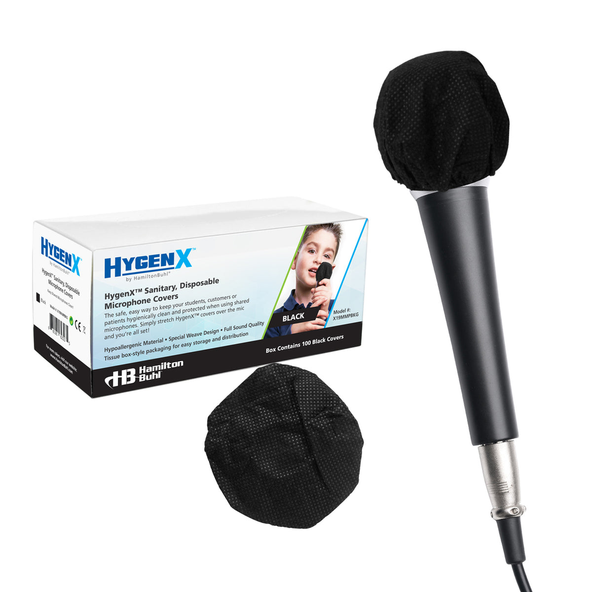 HamiltonBuhl HygenX Sanitary Disposable Microphone Covers, Black - Box of 100