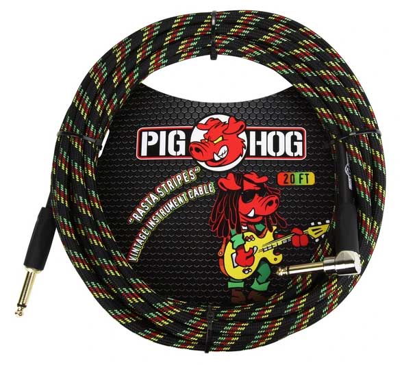 Pig Hog Vintage Woven Instrument Cable, Rasta Stripes, Right Angle - 20 ft.