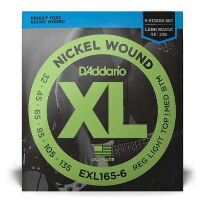 D'Addario EXL165-6 6-String Nickel Wound Bass Guitar Strings Custom Light Long Scale, 32-135