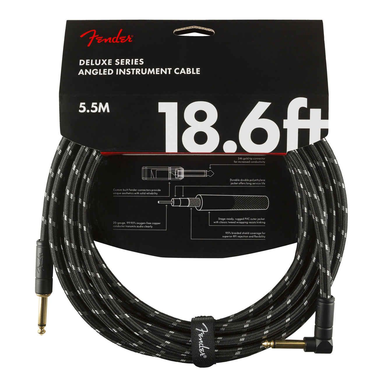 Fender Deluxe Series Straight to Angle Instrument Cable - Black Tweed - 18.6 ft.