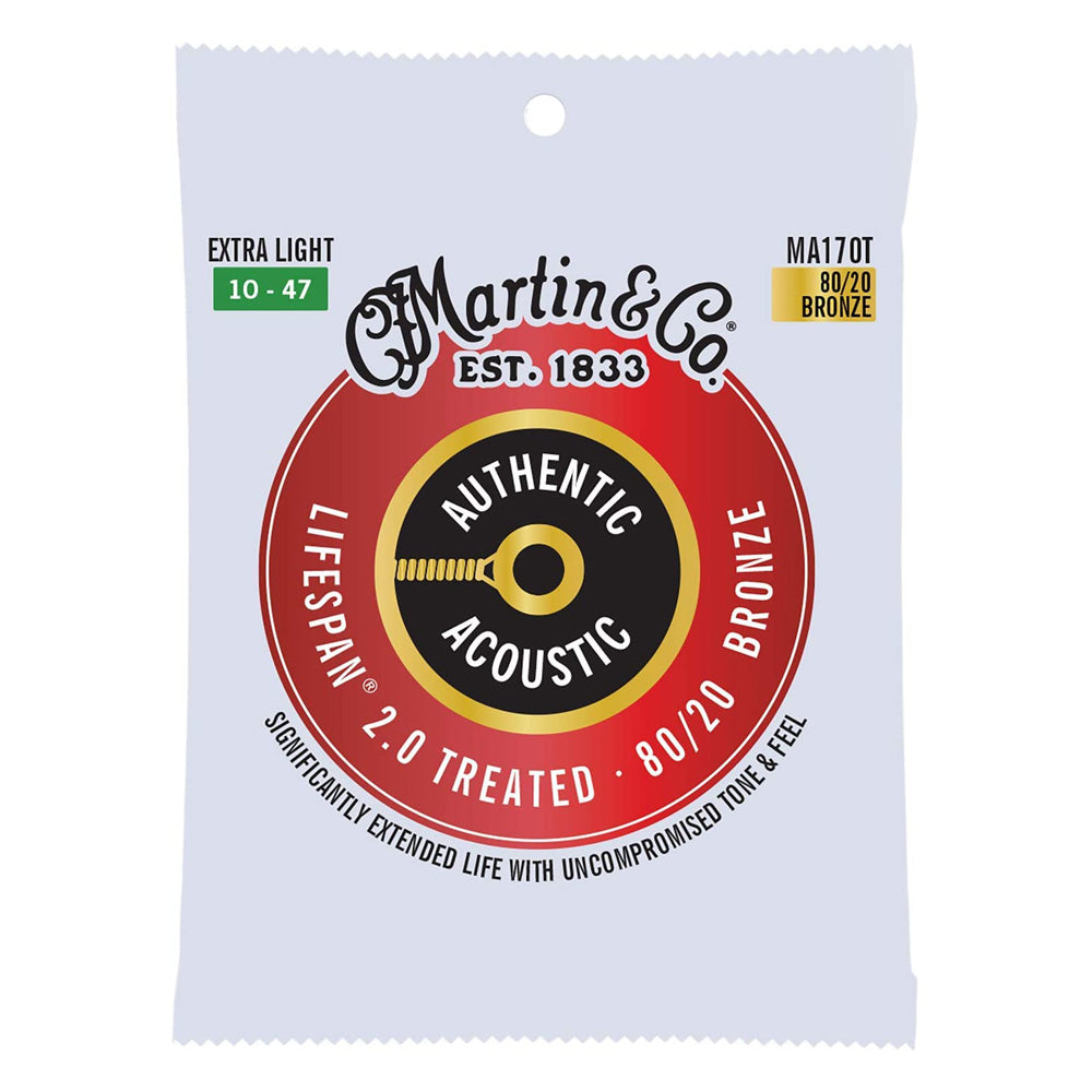 Martin MA170T Authentic Acoustic Lifespan 2.0 Acoustic Guitar Strings, 80/20 Bronze, Treated Extra-Light-Gauge