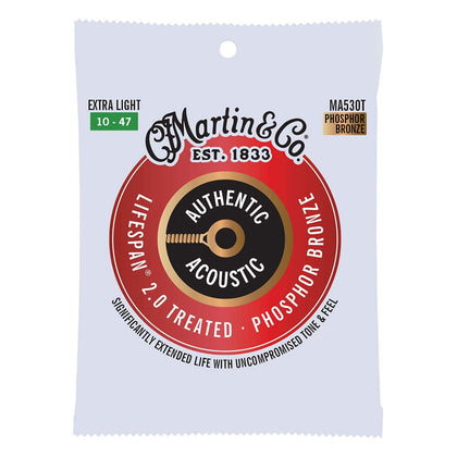 Martin MA530T Authentic Acoustic Lifespan 2.0 Acoustic Guitar Strings, 92/8 Phosphor Bronze, Treated Extra-Light-Gauge