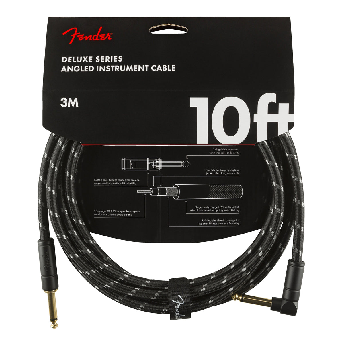Fender Deluxe Series Straight to Angle Instrument Cable - Black Tweed - 10 ft. - Bananas at Large®