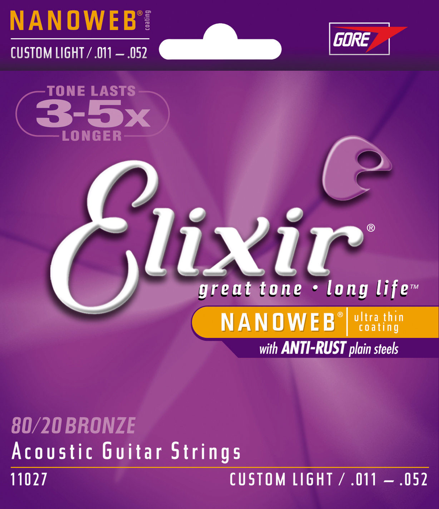 Elixir 11027 80/20 Bronze Custom Light Acoustic Guitar Strings with Nanoweb Coating 11-52 - Bananas at Large