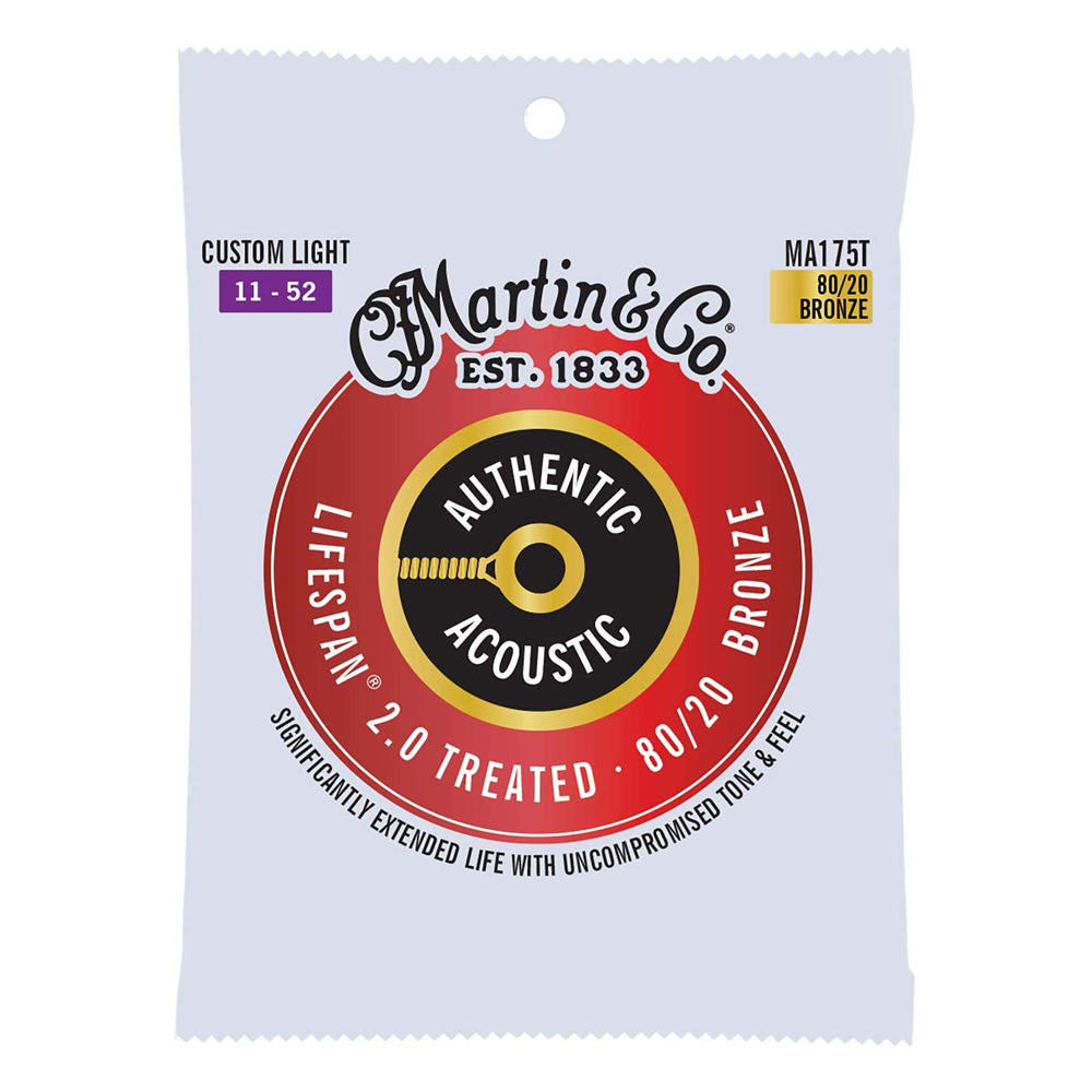 Martin MA175T Authentic Acoustic Lifespan 2.0 Acoustic Guitar Strings, 80/20 Bronze, Treated Custom-Light-Gauge