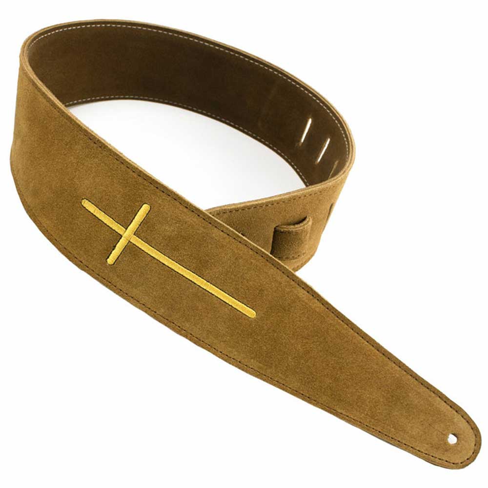 Henry Heller HP25ESCR-03 Suede Embroidered Cross Design 2.5 in. Guitar Strap - Brown