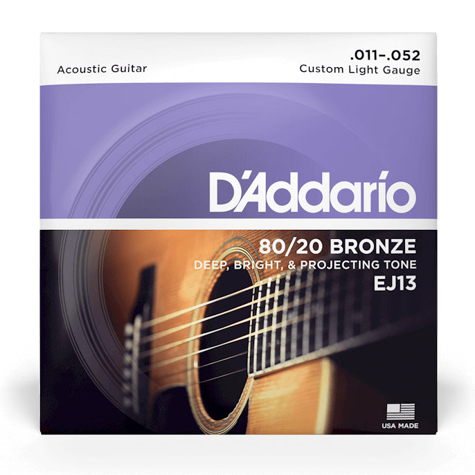 D'Addario EJ13-3D 80/20 Bronze Custom Light Gauge Acoustic Guitar Strings, 11-52 (3-Pack)