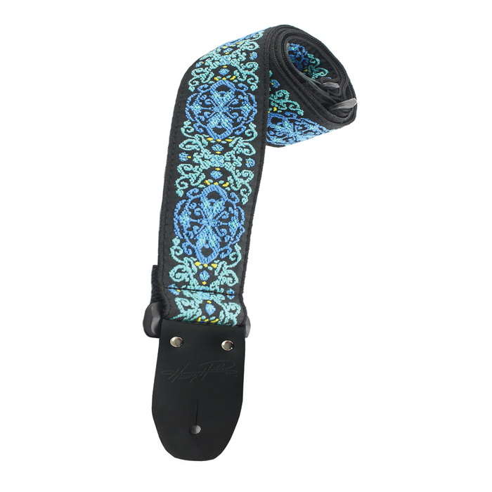 Henry Heller HJQ2-45 Jacquard Design with Tri Glide and Nylon Backing 2 in. Guitar Strap - Black with Blue & Aqua